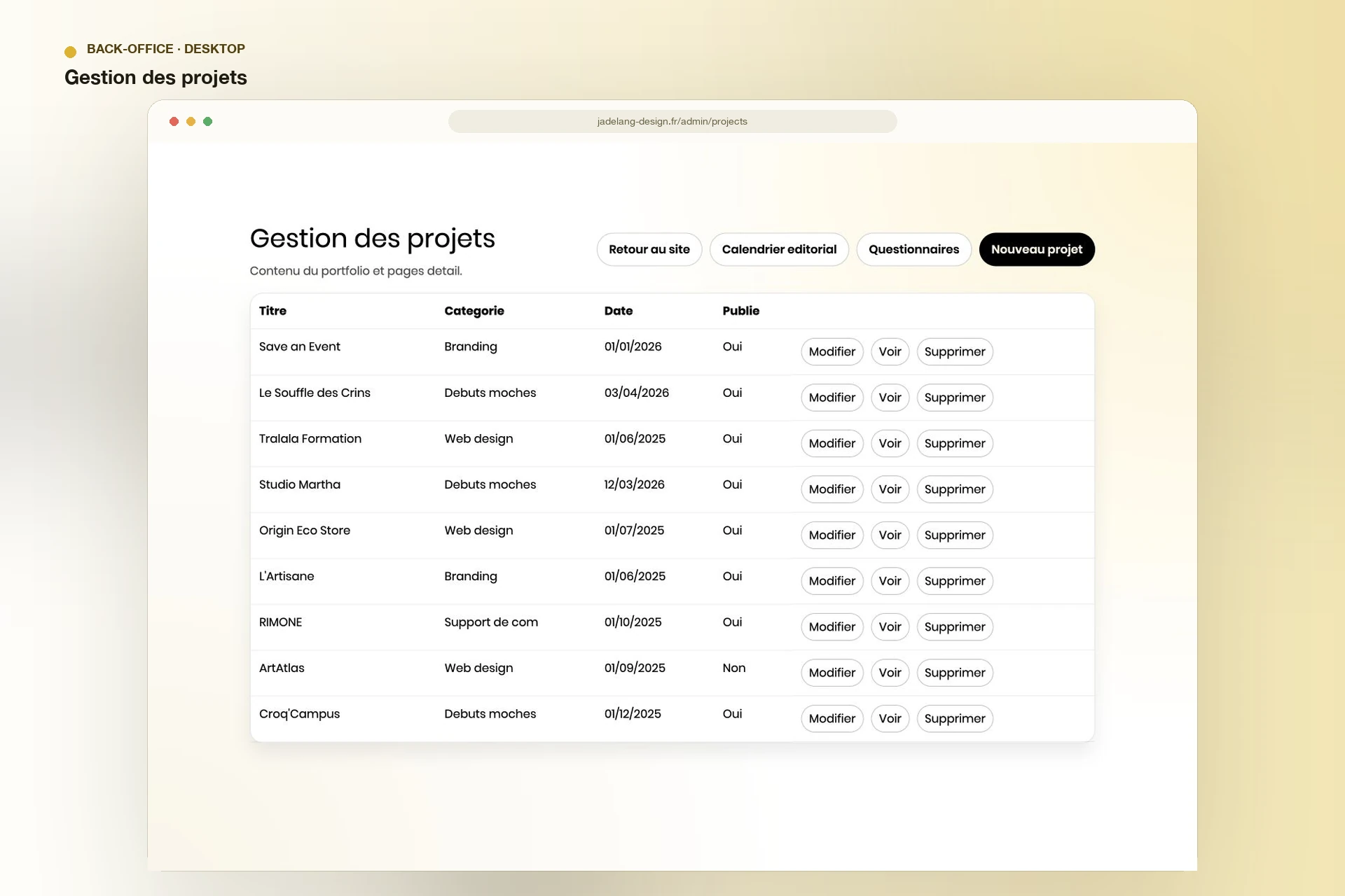Jade Lang Design — gestion des projets dans le back-office