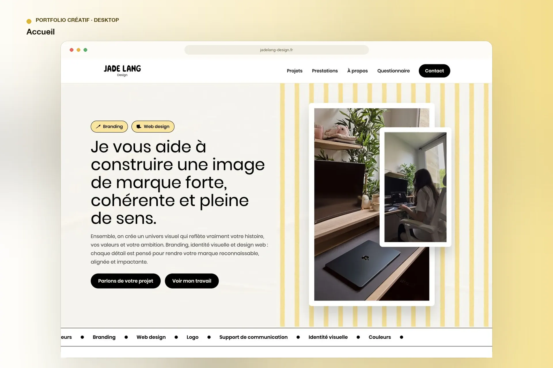 Jade Lang Design — page d’accueil sur ordinateur