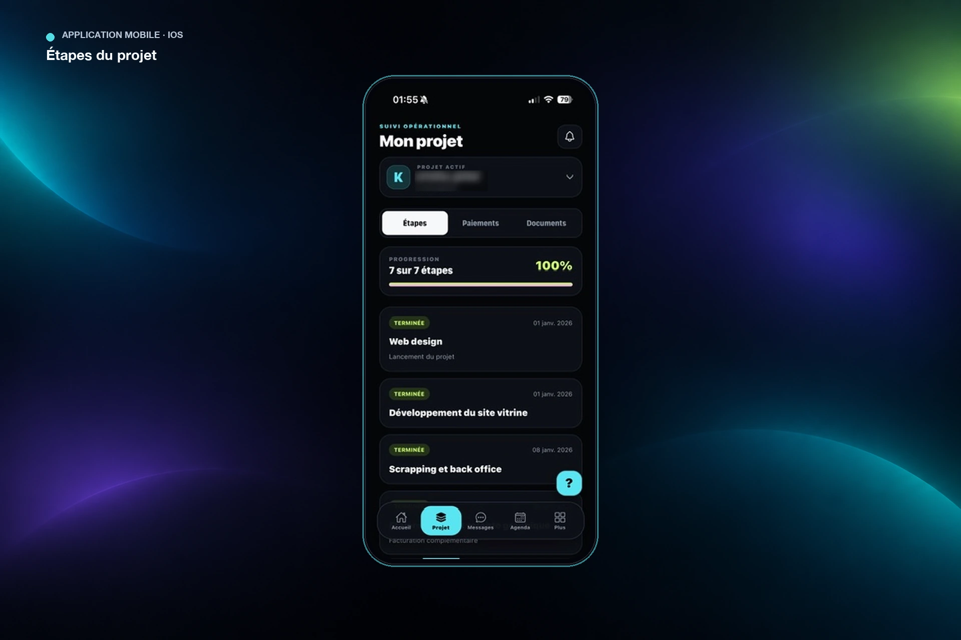Kern Mobile — suivi des étapes du projet sur mobile