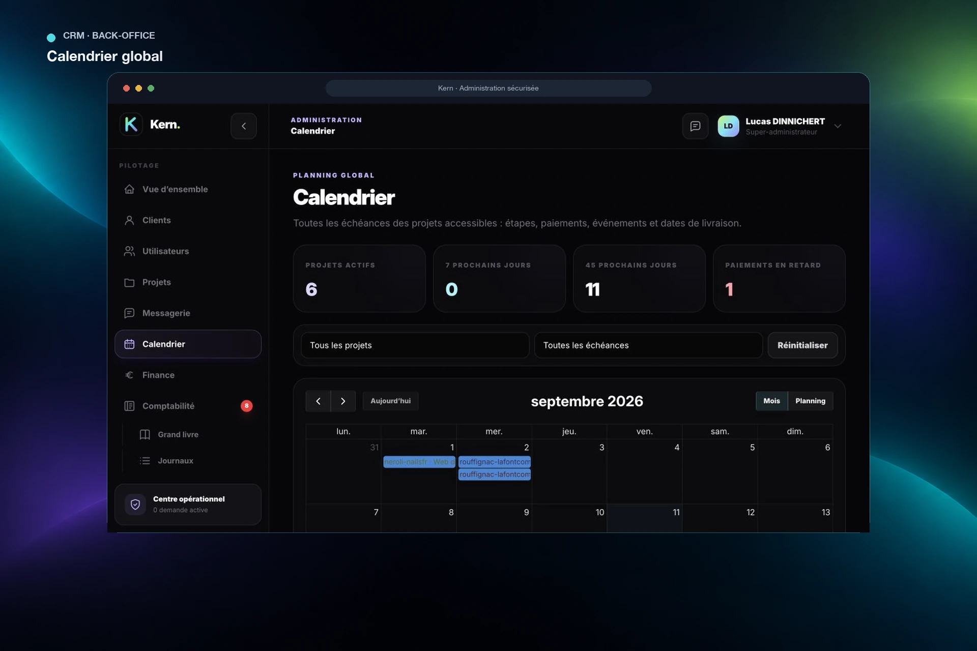 Kern — calendrier du back-office