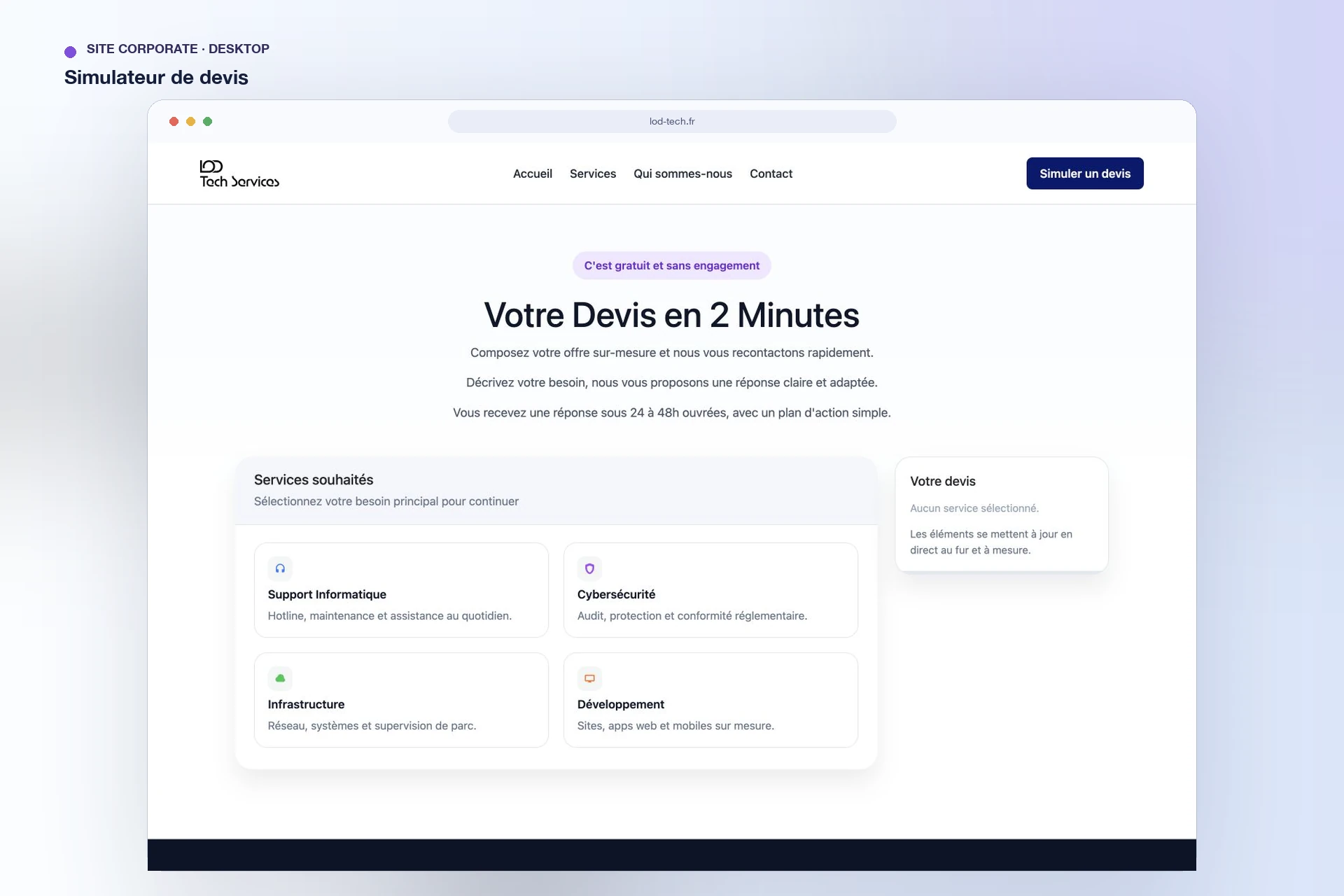 LOD Tech Services — simulateur de devis sur ordinateur