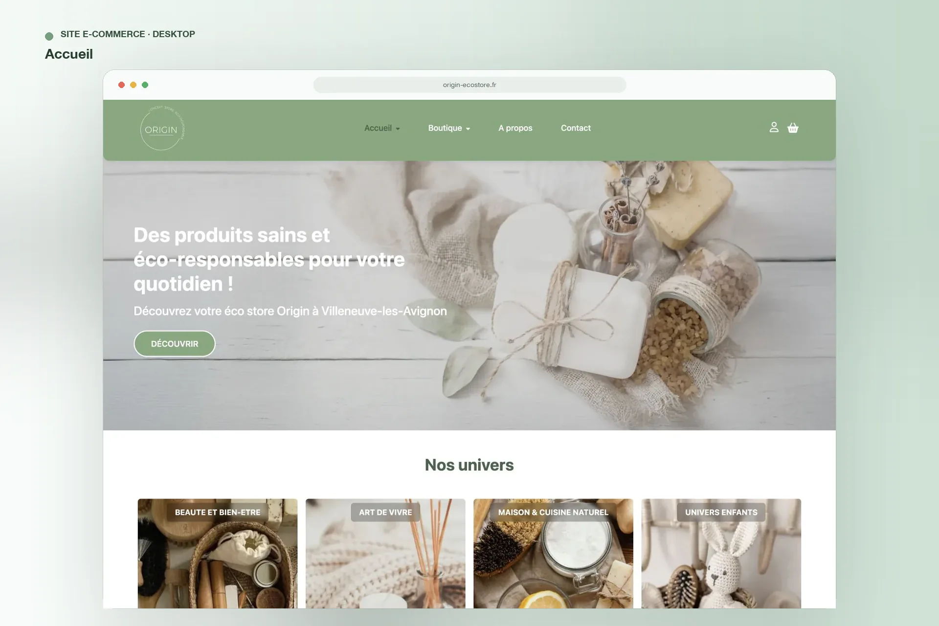 Origin Ecostore — page d’accueil sur ordinateur