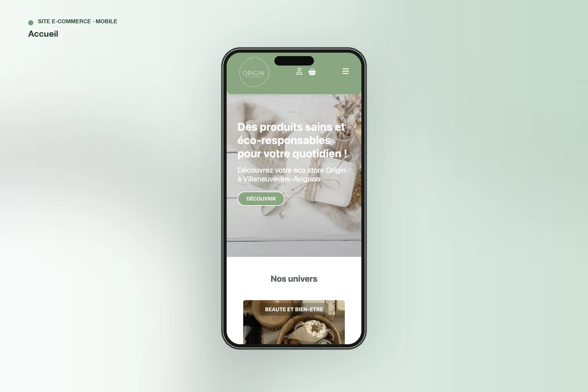 Origin Ecostore — page d’accueil sur mobile
