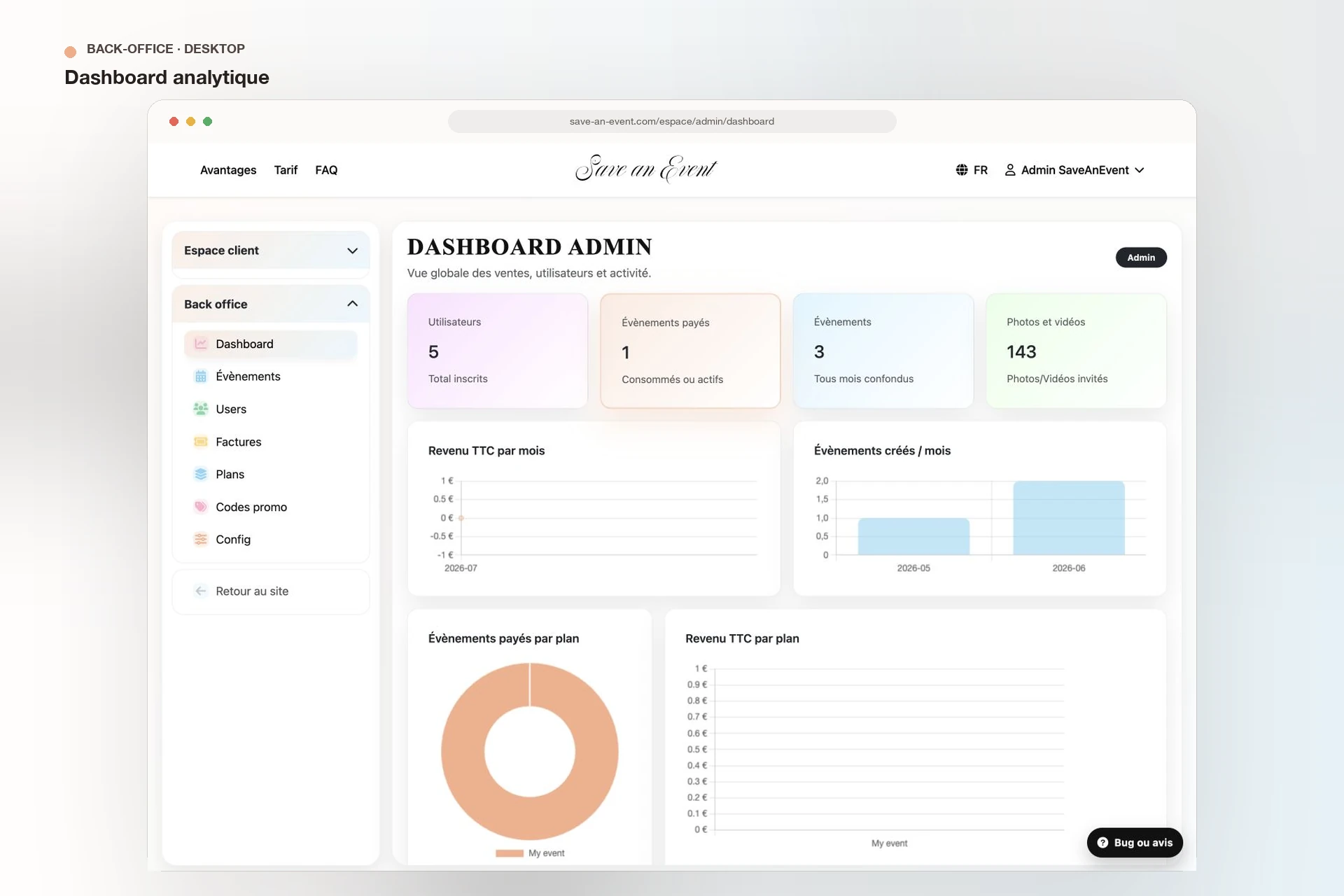 Save an Event — tableau de bord du back-office