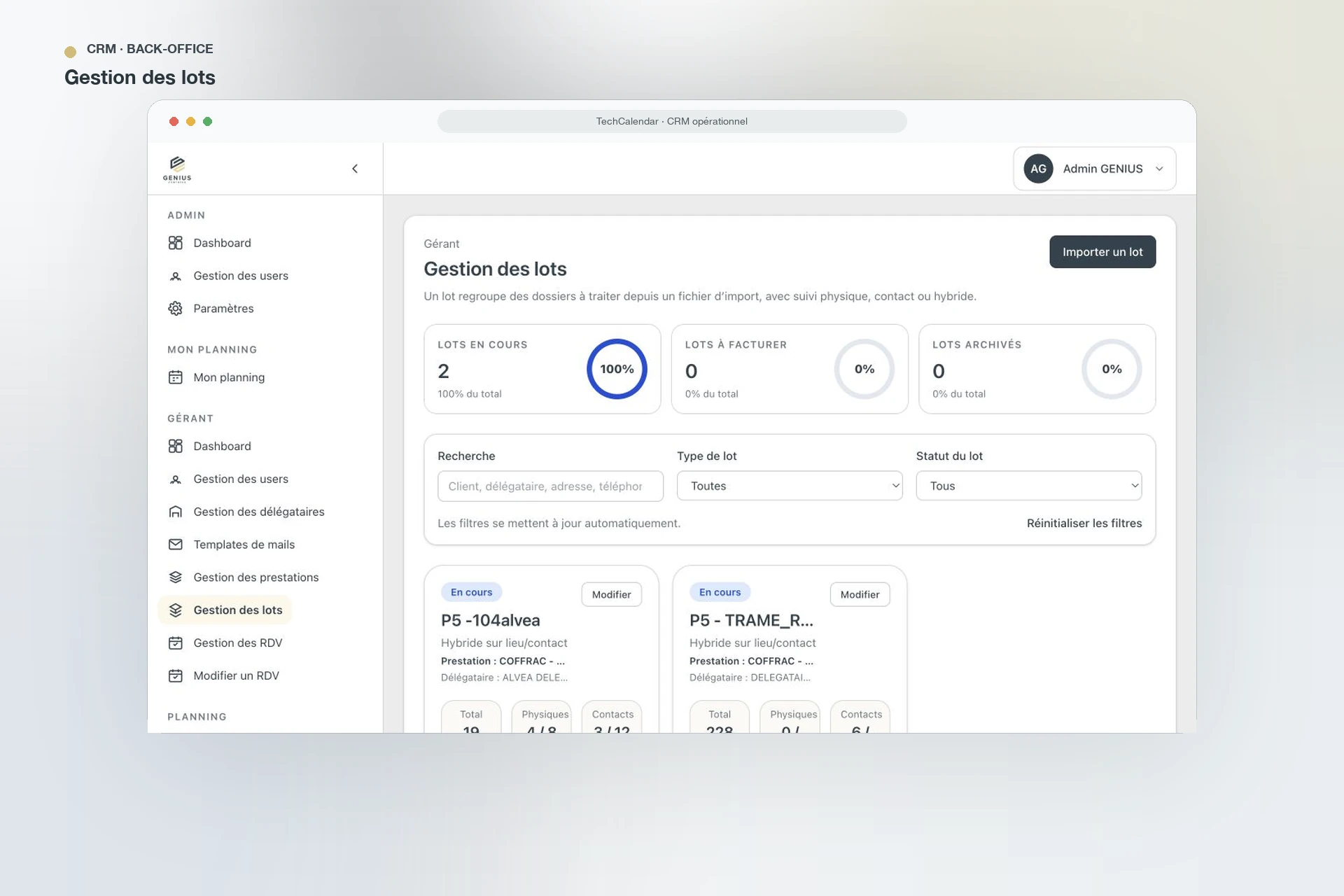 TechCalendar — gestion des lots dans le back-office