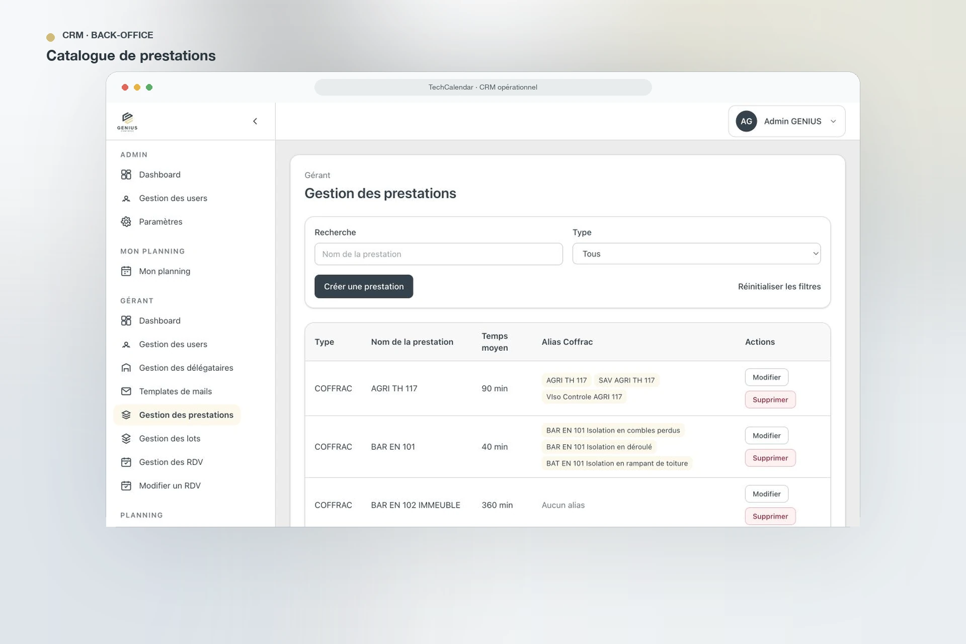 TechCalendar — gestion des services dans le back-office