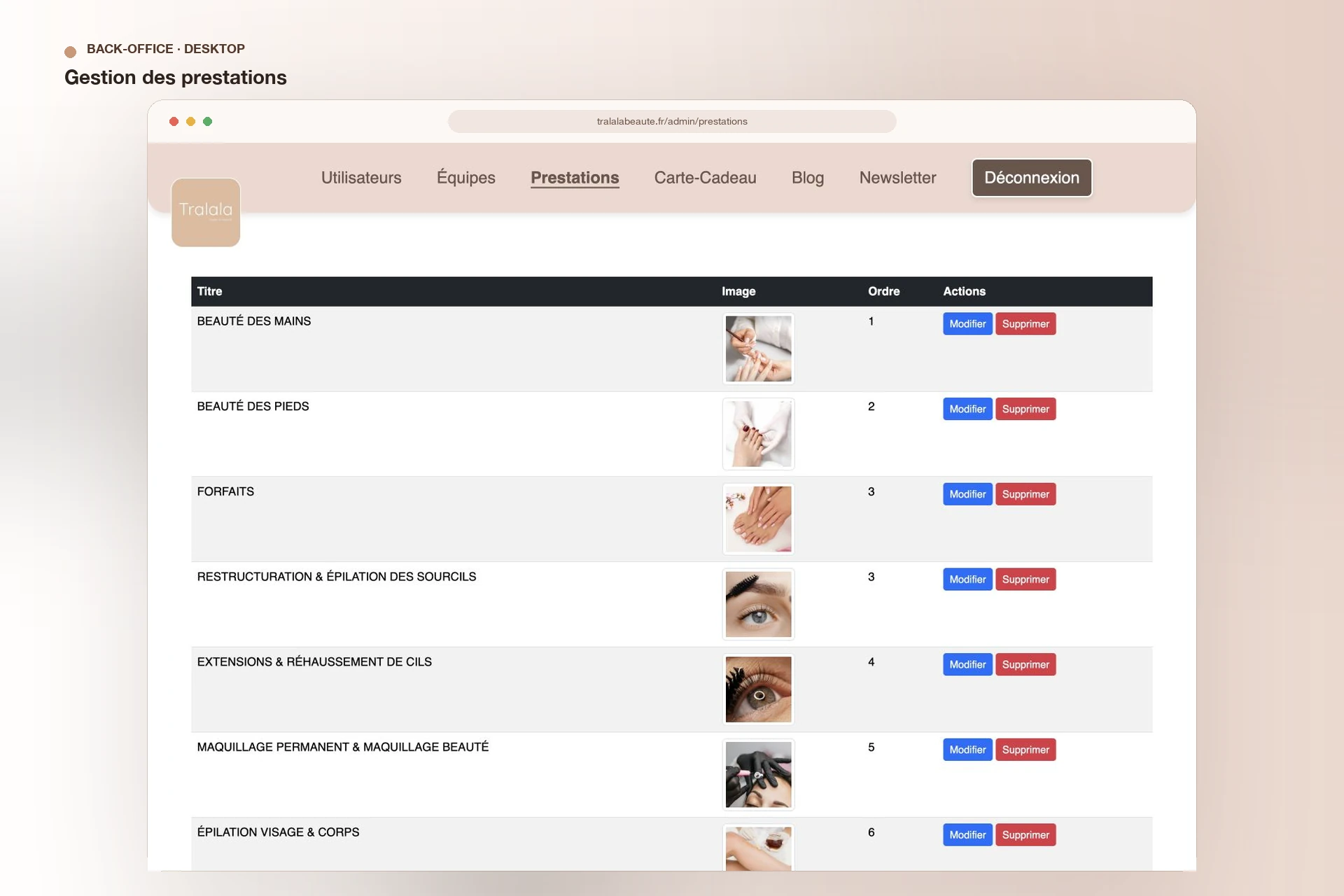Tralala Beauté — gestion des prestations dans le back-office